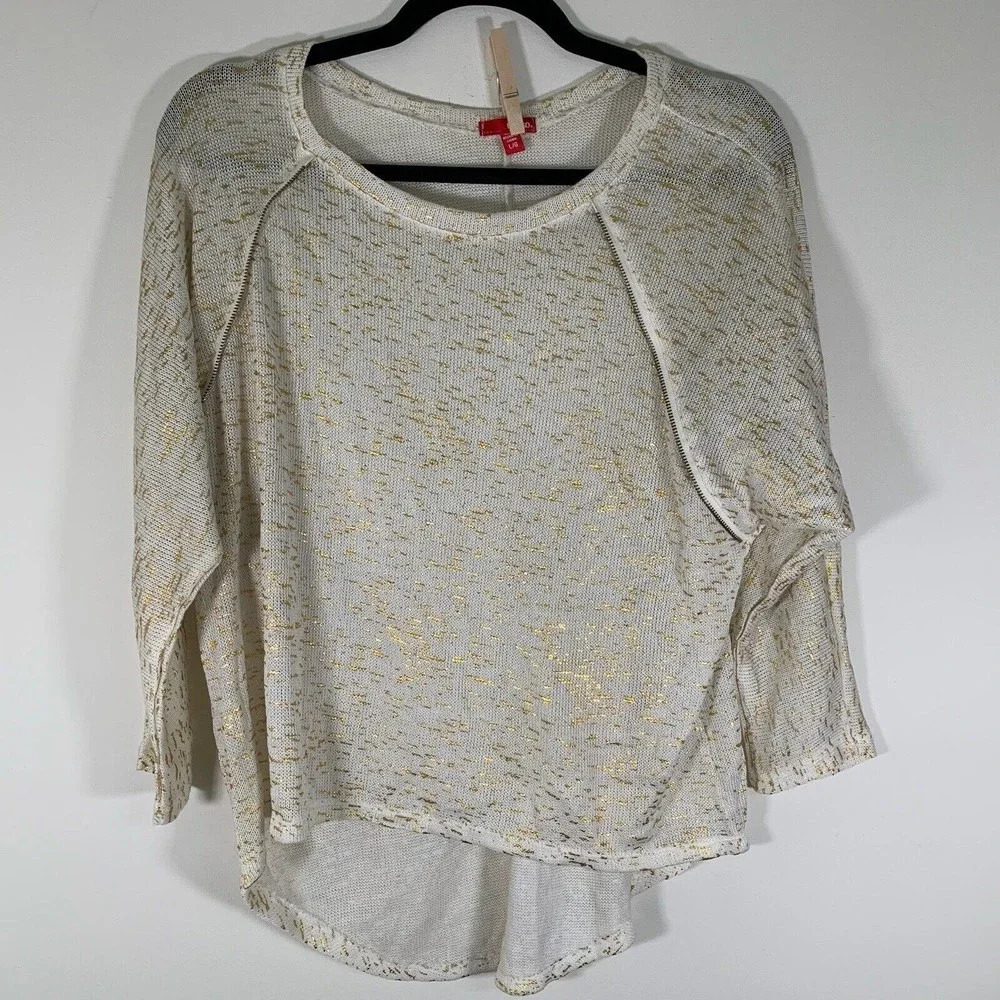Bongo Top Women’s Large White Gold 3/4 Sleeves Knit Round Neck Top
